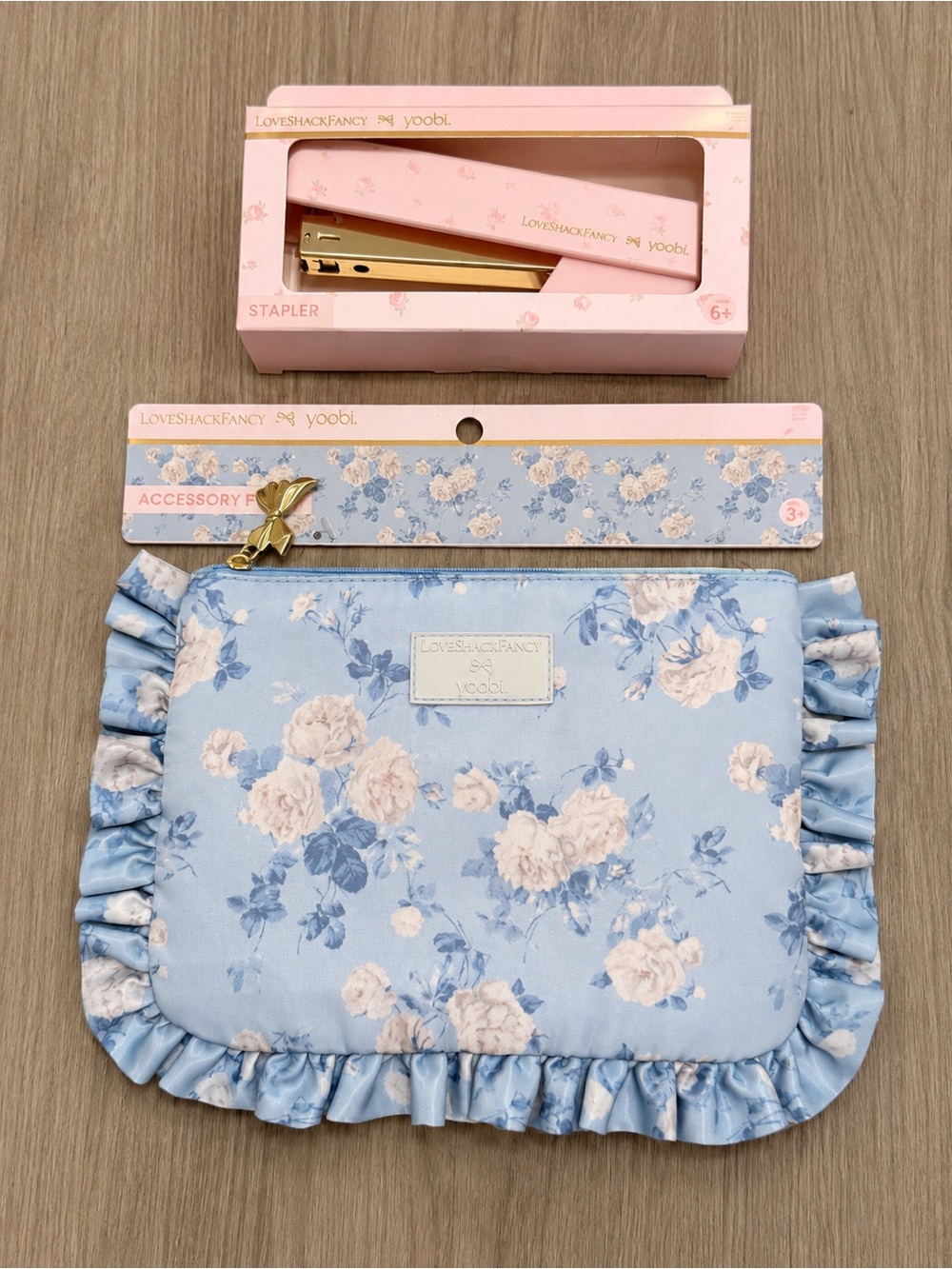 Blue Floral Ruffled Accessory Pouch & Pink Stapler Gift Set